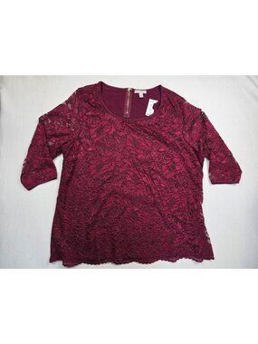 NWT Dressbarn Wine Red Lace Overlay Top Gold Zipper Back 3/4 Sleeves Size 3X
